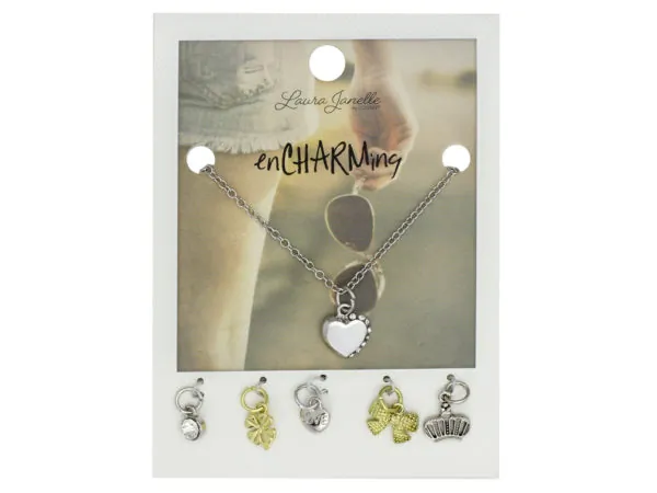 bulk buys GW870 - Charming Silver Heart Necklace with Dazzling Charms