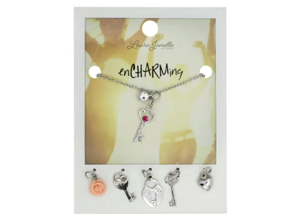 bulk buys GW877 - Charming Silver Key Necklace with Interchangeable Charms