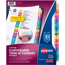 Avery Dennison AVE 11129 — Avery® Ready Index 1-31 Tab Custom TOC Dividers - 31 x Divider(s) - 1-31, Table of Contents - 31 Tab(s)/Set - 8.5 Divider Width x 11 Divider Length - 3 Hole Punched - White Paper Divider - Multicolor Paper Tab(s) - 31 / Set