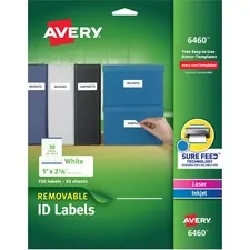 Avery Dennison AVE 6460 — Avery® Removable I.D. Laser/Inkjet Labels - Removable Adhesive - Rectangle - Laser, Inkjet - White - Paper - 30 / Sheet - 25 Total Sheets - 750 Total Label(s) - 750 / Pack