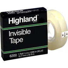 3M MMM 6200121296 — Highland 1/2W Matte-finish Invisible Tape - 36 yd Length x 0.50 Width - 1 Core - 1 / Roll - Matte Clear