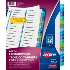 Avery Dennison AVE 11322 — Avery® Two-Column Table Contents Dividers w/Tabs - 32 x Divider(s) - 1-32, Table of Contents - 32 Tab(s)/Set - 8.5 Divider Width x 11 Divider Length - 3 Hole Punched - White Paper Divider - Multicolor Paper Tab(s) - 32 / Set