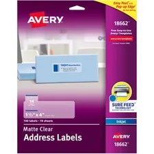 Avery Dennison AVE 18662 — Avery® Easy Peel Inkjet Printer Mailing Labels - Permanent Adhesive - Rectangle - Inkjet - Clear - Film - 14 / Sheet - 10 Total Sheets - 140 Total Label(s) - 5
