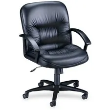 Lorell LLR 60115 — Lorell Leather Tufted Mid-Back Chair - Black Leather Seat - Black Frame - 5-star Base - Black - 1 Each