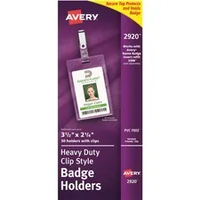 Avery Dennison AVE 2920 — Avery® Heavy-Duty Secure Top Clip-Style Badge Holders - Support 2.25 x 3.50 Media - Portrait - 2.3 x 3.3 - Plastic - 50 / Box - Clear