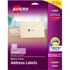 Avery Dennison AVE 15660 — Avery® Matte Address Labels - Sure Feed Technology - Permanent Adhesive - Rectangle - Laser - Clear - Film - 30 / Sheet - 10 Total Sheets - 300 Total Label(s) - 300 / Pack