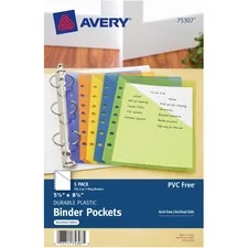 Avery Dennison AVE 75307 — Avery® Durable Mini Binder Pockets - For 3-Ring and 7-Ring Binders - 20 x Sheet Capacity - 5 1/2 x 8 1/2 Sheet - 7 x Holes - Ring Binder - Rectangular - Assorted, Green, Orange, Yellow, Purple - Polypropylene - 5 / Pack