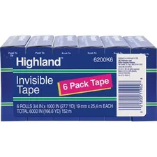3M MMM 6200341000 — Highland 3/4W Matte-finish Invisible Tape - 27.78 yd Length x 0.75 Width - 1 Core - 6 / Pack - Matte Clear