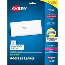 Avery Dennison AVE 18160 — Avery® Easy Peel Address Labels - Sure Feed Technology - Permanent Adhesive - Rectangle - Laser, Inkjet - White - Paper - 30 / Sheet - 10 Total Sheets - 300 Total Label(s) - 300 / Pack