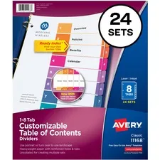 Avery Dennison AVE 11168 — Avery® Ready Index Customizable TOC Dividers - 192 x Divider(s) - 1-8, Table of Contents - 8 Tab(s)/Set - 8.5 Divider Width x 11 Divider Length - 3 Hole Punched - White Paper Divider - Multicolor Paper Tab(s)
