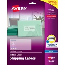 Avery Dennison AVE 18663 — Avery® Easy Peel Inkjet Printer Mailing Labels - Permanent Adhesive - Rectangle - Inkjet - Clear - Film - 10 / Sheet - 10 Total Sheets - 100 Total Label(s) - 5