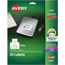 Avery Dennison AVE 6570 — Avery® Laser Inkjet Printer Permanent ID Labels - Permanent Adhesive - Rectangle - Laser, Inkjet - White - Paper - 32 / Sheet - 15 Total Sheets - 480 Total Label(s) - 5
