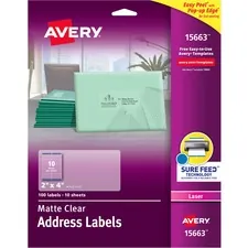Avery Dennison AVE 15663 — Avery® Easy Peel Return Address Labels - Permanent Adhesive - Rectangle - Laser - Clear - Film - 10 / Sheet - 10 Total Sheets - 100 Total Label(s) - 5
