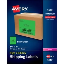 Avery Dennison AVE 5940 — Avery® High Visibility Neon Shipping Labels - Permanent Adhesive - Rectangle - Laser - Neon Green - Paper - 1 / Sheet - 100 Total Sheets - 100 Total Label(s) - 5