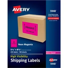Avery Dennison AVE 5948 — Avery® High Visibility Neon Shipping Labels - Permanent Adhesive - Rectangle - Laser - Neon Magenta - Paper - 2 / Sheet - 100 Total Sheets - 200 Total Label(s) - 5