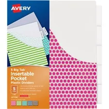 Avery Dennison AVE 07708 — Avery® Big Tab Insertable Plastic Pocket Dividers - 5 x Divider(s) - 5 - 5 Tab(s)/Set - 9.3 Divider Width x 11.13 Divider Length - 3 Hole Punched - Multicolor Plastic Divider - Clear Plastic Tab(s) - 3