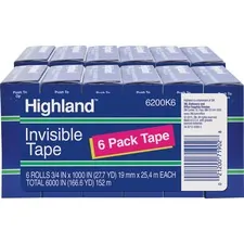 3M MMM 6200341000BD — Highland 3/4W Matte-finish Invisible Tape - 27.78 yd Length x 0.75 Width - 1 Core - 12 / Bundle - Matte Clear