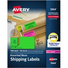 Avery Dennison AVE 5964 — Avery® High Visibility Neon Shipping Labels - Permanent Adhesive - Rectangle - Laser - Neon Magenta, Neon Green, Neon Yellow - Paper - 10 / Sheet - 100 Total Sheets - 1000 Total Label(s) - 5