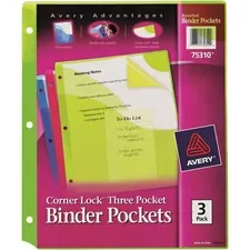 Avery Dennison AVE 75310 — Avery® Corner Lock Binder Pockets - 20 x Page Capacity - For Letter 8 1/2 x 11 Sheet - 3 x Holes - Ring Binder - Rectangular - Blue, Green, Pink - Polypropylene - 3 / Pack