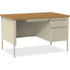 Lorell LLR 66908 — Lorell Fortress Series 48 Right Single-Pedestal Desk - Oak Laminate Rectangle Top - 30 Table Top Length x 48 Table Top Width x 1.13 Table Top Thickness - 29.50 Height - Assembly Required - Oak, Putty - Steel