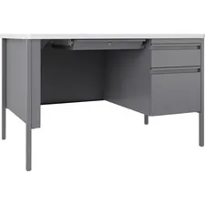 Lorell LLR 66940 — Lorell Fortress White/Platinum Steel Teachers Desk - 48 x 30 x 29.5 - Box Drawer(s), File Drawer(s) - Single Pedestal on Right Side - T-mold Edge - Material: Steel Frame - Finish: Platinum Frame, White Laminate Surface