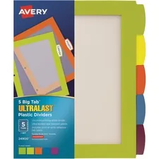 Avery Dennison AVE 24900 — Avery® Ultralast Big Tab Plastic Dividers - 5 x Divider(s) - 5 Write-on Tab(s) - 5 - 5 Tab(s)/Set - 8.5 Divider Width x 11 Divider Length - 3 Hole Punched - Multicolor Plastic Divider - Multicolor Plastic, White Tab(s) - 1 Each