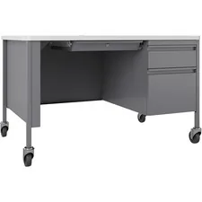 Lorell LLR 66944 — Lorell Fortress White/Platinum Steel Teachers Desk - 48 x 30 x 29.5 - Box Drawer(s), File Drawer(s) - Single Pedestal on Right Side - T-mold Edge - Material: Steel Frame - Finish: Platinum Frame, White Laminate Surface