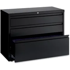 Lorell LLR 60929 — Lorell 36 Lateral File Cabinet - 3-Drawer - 36 x 18.6 x 28 - 3 x Drawer(s) for Box, File - A4, Legal, Letter - Lateral - Hanging Rail, Locking Drawer, Ball-bearing Suspension, Magnetic Label Holder, Interlocking, Durable, Reinforced Base, Leveling Glide, Anti-tip - Black - Baked Enamel - Steel - Recycled