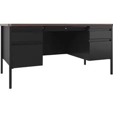 Lorell LLR 66941 — Lorell Fortress Series Walnut Top Teacher's Desk - 60 x 30 x 29.5 - Box Drawer(s), File Drawer(s) - Double Pedestal - T-mold Edge - Material: Steel Frame - Finish: Black Frame, Walnut Laminate Surface