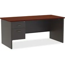 Lorell LLR 79152 — Lorell Mahogany Laminate/Charcoal Modular Desk Series Pedestal Desk - 2-Drawer - 66 x 30 , 1.1 Top - 2 x Box Drawer(s), File Drawer(s) - Single Pedestal on Left Side - Material: Steel - Finish: Mahogany Laminate, Charcoal