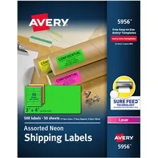 Avery Dennison AVE 5956 — Avery® High Visibility Neon Shipping Labels - Permanent Adhesive - Rectangle - Laser - Neon Magenta, Neon Green, Neon Yellow - Paper - 10 / Sheet - 50 Total Sheets - 500 Total Label(s) - 5