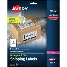 Avery Dennison AVE 15516 — Avery® Waterproof Shipping Labels with TrueBlock - Permanent Adhesive - Rectangle - Laser - White - Film - 2 / Sheet - 10 Total Sheets - 20 Total Label(s) - 5