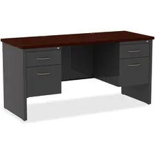 Lorell LLR 79160 — Lorell Mahogany Laminate/Charcoal Steel Double-pedestal Credenza - 2-Drawer - 60 x 24 , 1.1 Top - 2 x Box Drawer(s), File Drawer(s) - Double Pedestal - Material: Steel - Finish: Mahogany Laminate, Charcoal