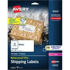 Avery Dennison AVE 15513 — Avery® WeatherProof(TM) Mailing Labels, Permanent Adhesive, TrueBlock(R), 2 x 4 , 100 Labels (15513) - Permanent Adhesive - Rectangle - Laser - White - Film - 10 / Sheet - 10 Total Sheets - 100 Total Label(s) - 5