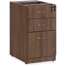 Lorell LLR 69985 — Lorell Essentials Walnut Box/Box/File Fixed Pedestal - 15.5 x 21.9 x 28.5 Pedestal - 3 x File Drawer(s), Box Drawer(s) - Material: Polyvinyl Chloride (PVC) Edge, Metal Handle - Finish: Laminate, Walnut, Silver Brush Handle