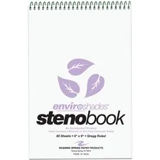 ROARING SPRING PAPER PRODUCTS ROA 12264 — Roaring Spring Enviroshades Recycled Spiral Steno Memo Book - 80 Sheets - 160 Pages - Printed - Spiral Bound - Both Side Ruling Surface - Gregg Ruled Red Margin - 15 lb Basis Weight - 56 g/m² Grammage - 9 x 6 - 1.25 x 69 - Orchid Paper - Black Binder - Board Cover - Recycled - 4 / Pack
