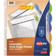 Avery Dennison AVE 11292 — Avery® Insertble Style Edge Plastic Pocket Dividers - 5 x Divider(s) - 5 - 5 Tab(s)/Set - 9.3 Divider Width x 11.25 Divider Length - 3 Hole Punched - Translucent Plastic Divider - Multicolor Plastic Tab(s) - 2