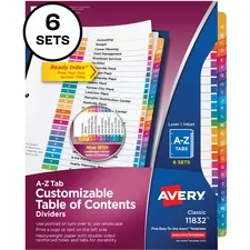 Avery Dennison AVE 11832 — Avery® A-Z Customizable Multicolor TOC Dividers - 156 x Divider(s) - Table of Contents, A-Z - 26 Tab(s)/Set - 8.5 Divider Width x 11 Divider Length - 3 Hole Punched - White Paper Divider - Multicolor Paper Tab(s) - 6 / Pack