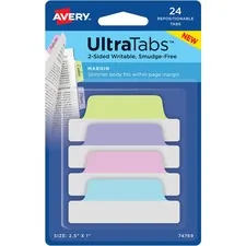 Avery Dennison AVE 74769 — Avery® Ultra Tabs File Tab - 24 Tab(s) - 1 Tab Height x 2.50 Tab Width - Clear Film, Pastel Blue Paper, Pastel Pink, Pastel Purple, Pastel Green Tab(s) - 24 / Pack