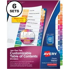 Avery Dennison AVE 11830 — Avery® Ready Index 12 Tab Dividers, Customizable TOC, 6 Sets - 72 x Divider(s) - Table of Contents, Jan-Dec - 12 Tab(s)/Set - 8.5 Divider Width x 11 Divider Length - 3 Hole Punched - White Paper Divider - Multicolor Paper Tab(s) - 6 / Pack