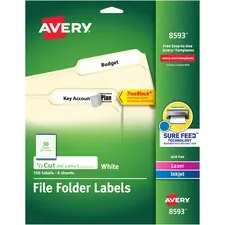Avery Dennison AVE 08593 — Avery® TrueBlock File Folder Labels - 2/3 Width x 3 7/16 Length - Permanent Adhesive - Rectangle - Inkjet, Laser - White - 30 / Sheet - 5 Total Sheets - 150 Total Label(s) - 150 / Label