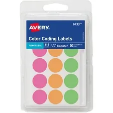 Avery Dennison AVE 06733 — Avery® Round Color Coding Labels - Removable Adhesive - Round - Neon Pink, Neon Orange, Neon Green - Paper - 15 / Sheet - 21 Total Sheets - 315 Total Label(s) - 6
