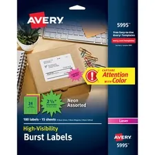 Avery Dennison AVE 5995 — Avery® Neon Burst Labels - Permanent Adhesive - Burst - Laser - Neon Magenta, Neon Green, Neon Yellow - Paper - 12 / Sheet - 15 Total Sheets - 180 Total Label(s) - 180 / Pack