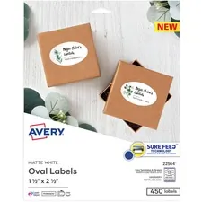Avery Dennison AVE 22564 — Avery® Matte White Sure Feed Labels - 1 1/2 Height x 2 1/2 Width - Permanent Adhesive - Oval - Laser, Inkjet - White - 18 / Sheet - 25 Total Sheets - 450 Total Label(s) - 450 / Pack