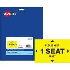 Avery Dennison AVE 83073 — Avery® Surface Safe PLEASE KEEP 1 SEAT APART Decals - 10 / Pack - Please Keep 1 Seat Apart Print/Message - 4 Width x 6 Height - Rectangular Shape - Water Resistant, Pre-printed, Chemical Resistant, Abrasion Resistant, Tear Resistant, Durable, UV Resistant, Residue-free, Easy Peel, Anti-slip, Stick & Stay, ... - Vinyl, Polyester - Yellow
