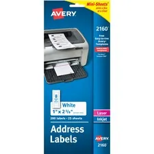 Avery Dennison AVE 2160 — Avery® Mini-Sheets Address Label - Permanent Adhesive - Rectangle - Laser, Inkjet - White - Paper - 8 / Sheet - 25 Total Sheets - 200 Total Label(s) - 1