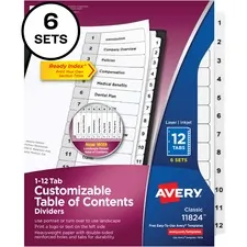 Avery Dennison AVE 11824 — Avery® Ready Index 12-tab Custom TOC Dividers - 72 x Divider(s) - Table of Contents, 1-12 - 12 Tab(s)/Set - 8.5 Divider Width x 11 Divider Length - 3 Hole Punched - White Paper Divider - White Paper Tab(s) - 6