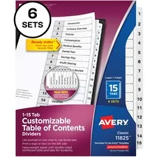 Avery Dennison AVE 11825 — Avery® 15-tab Custom Table of Contents Dividers - 90 x Divider(s) - Table of Contents, 1-15 - 15 Tab(s)/Set - 8.5 Divider Width x 11 Divider Length - 3 Hole Punched - White Paper Divider - White Paper Tab(s) - 6