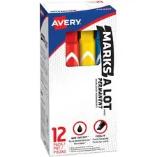 Avery Dennison AVE 24800 — Avery® Marks A Lot Permanent Markers - Large Desk-Style Size - Chisel Marker Point Style - Black, Blue, Orange, Green, Purple, Yellow - 12 / Set