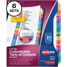 Avery Dennison AVE 11831 — Avery® Ready Index 31 Tab Dividers, Customizable TOC, 6 Sets - 186 x Divider(s) - Table of Contents, 1-31 - 31 Tab(s)/Set - 8.5 Divider Width x 11 Divider Length - 3 Hole Punched - White Paper Divider - Multicolor Paper Tab(s) - 6 / Pack